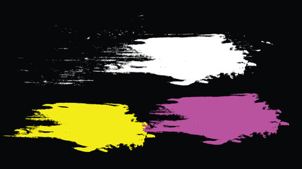 Bold, textured brush strokes in cyan, magenta, and yellow stand out against a stark black background, suggesting vibrant color mixing.