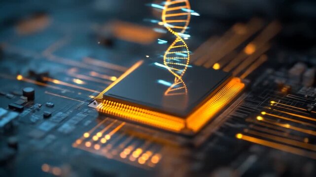 Futuristic DNA helix over glowing microchip on circuit board, symbolizing genetic engineering, biotechnology, data science, and AI. - Powered by Adobe