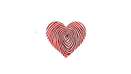 A heart shape, constructed from a red fingerprint pattern, is centrally positioned on a stark white background. The heart is formed by the intricate swirling ridges of the fingerprint. Generative AI
