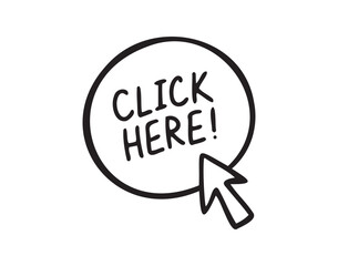 Click here doodle button. Hand drawn sketch cursor icon. Web site register Freehand drawing style
