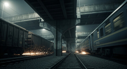 Naklejka premium Dramatic night scene of trains sparking on tracks under bridges, conveying industrial grit and urban decay, perfect for gritty film backdrops