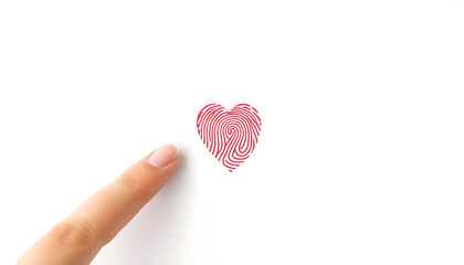 A heart shape, constructed from a red fingerprint pattern, is centrally positioned on a stark white background. The heart is formed by the intricate swirling ridges of the fingerprint. Generative AI