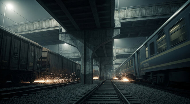 Dramatic night scene of trains sparking on tracks under bridges, conveying industrial grit and urban decay, perfect for gritty film backdrops