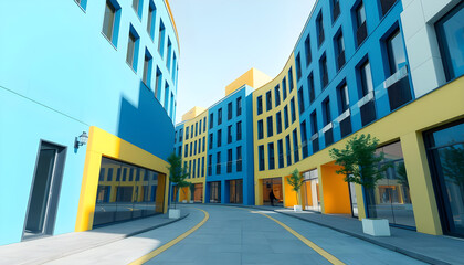 A vibrant, stylized street scene is presented, characterized by buildings painted in striking blocks of blue and yellow. The perspective is a wide-angle, low-level shot, Generative AI