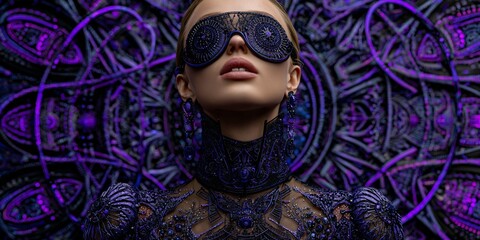 immersive businesswoman with vr headset and glowing data rings, futuristic decision maker in neon mandala world, visionary innovation in virtual reality business scene