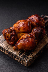 Fried chicken legs with teriyaki sauce, oven baked meat. Chicken legs