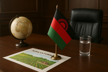 Office Desk with Malawi Flag, Agricultural Report, and Glass of Water