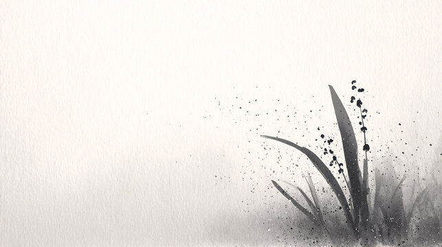 Minimalist black and white ink painting of grass on textured paper, calm zen style watercolor illustration inspired by Japanese sumi e art