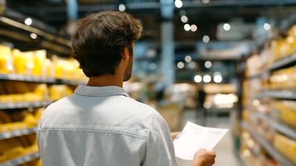 Supermarket deals in a retail setting, shopper’s back view faces grocery store shelves with pasta, reflecting consumer choice. Paper grocery list in cart, leather wallet nearby, store aisle buzzes.