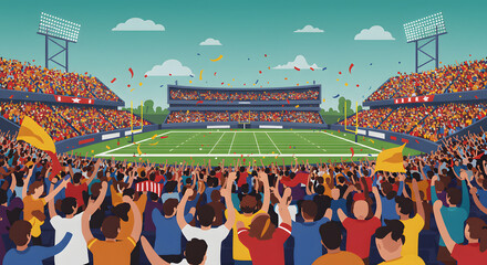 A vibrant illustration of a packed stadium during a football game, filled with cheering fans under a bright, cloudy sky. Confetti is falling.