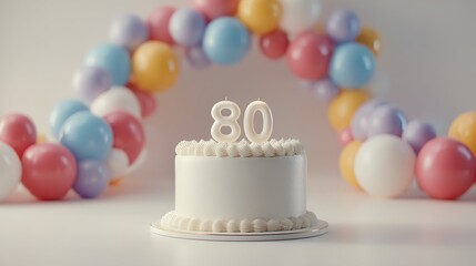 A festive 80th birthday cake adorned with candles, set against a colorful balloon arch, celebrating a milestone occasion.