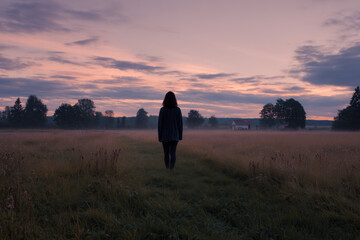 Fototapeta premium Lone woman standing in a tranquil misty field, watching a beautiful pink and purple sunset