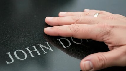 Memorial Day tribute shown with hand gently placed on a black granite tombstone. Memorial Day remembrance includes respect to those lost, hand over tombstone with engraved letters.