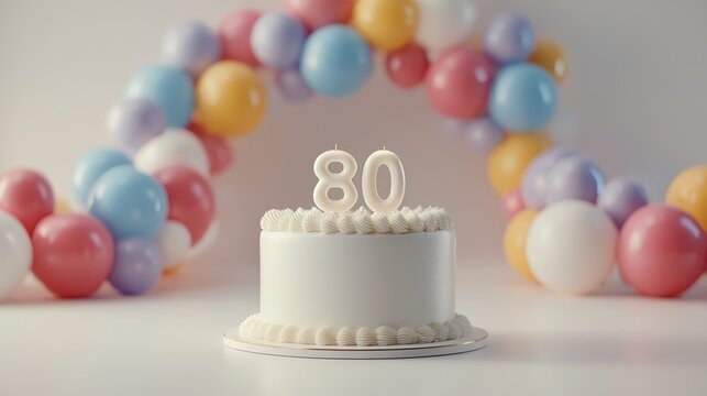 A festive 80th birthday cake adorned with candles, set against a colorful balloon arch, celebrating a milestone occasion.