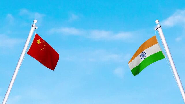 Indian Flag and China Flag are waving in the sky on both sides-, realistic flag waving, diplomatic relations, political news, trade partnership, smooth animation, HD video
