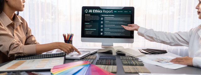 AI ethics responsibility standard law and rules on computer screen provide report of AI ethic transparency preventing technology crime. brisk