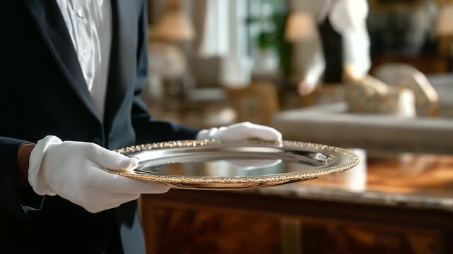 Refined service is expressed through gloved hands presenting a polished silver tray, symbolizing luxury hospitality, elegant etiquette, and the sophistication of formal gatherings. three-quarter