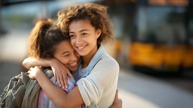 A parent, their hands gentle, embraces a teenager at a bus terminal, their hug tight and lingering. A backpack, its straps frayed, slumps on the tiled floor, its grout worn. A bus, its metal