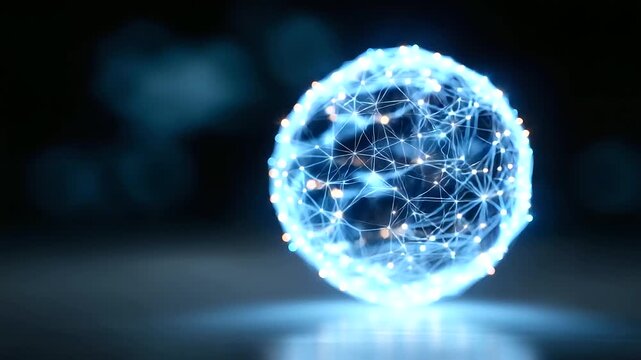 Abstract glowing sphere formed from interconnected data nodes surrounded by transparent protective digital barriers, symbolizing data protection, network safety, multilayer encryption, firewalls,