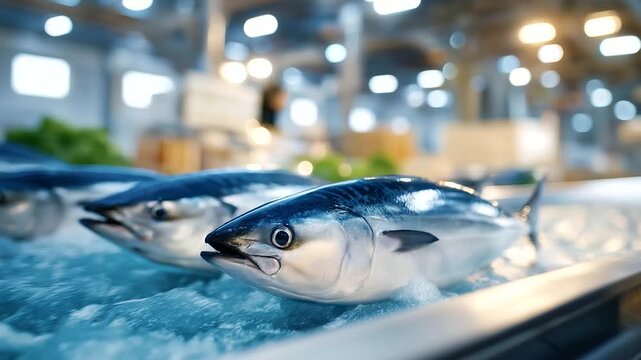 Frozen fish glide down a conveyor belt in a cold storage warehouse, symbolizing global seafood trade, industrial preservation technology, food safety standards, and the logistical systems that