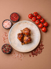 Fried chicken legs with teriyaki sauce, oven baked meat. Chicken legs