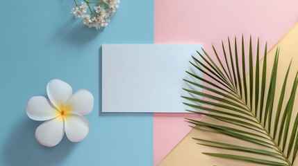 Tropical flatlay white card, frangipani, greenery on split pastel background