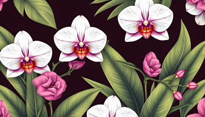Elegant Pink Orchids with Lush Green Leaves on Dark Background, Floral Nature Pattern. Generative AI