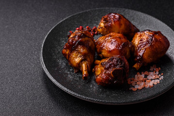 Fried chicken legs with teriyaki sauce, oven baked meat. Chicken legs