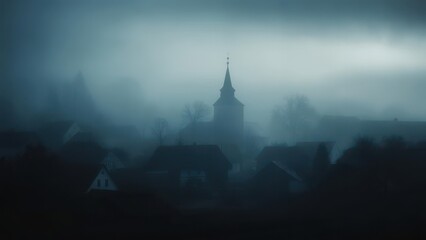 Fototapeta premium A village shrouded in thick fog, with a church spire piercing the mist. Silhouettes of buildings and trees are barely visible through the dense atmosphere