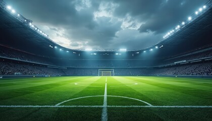 Vast football stadium arena with green field and goalposts. Rows of spectators watch under dramatic cloudy sky and stadium lights. Game awaits players on empty pitch.