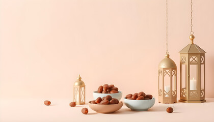 Ramadan Kareem Decorative Lanterns and Crescent Moon on Soft Pastel Background. Generative AI
