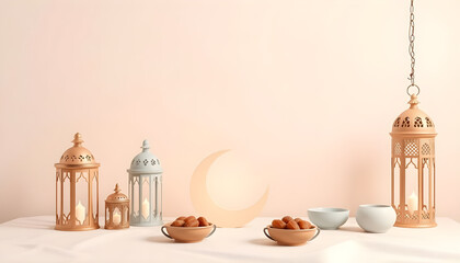 Ramadan Kareem Decorative Lanterns and Crescent Moon on Soft Pastel Background. Generative AI