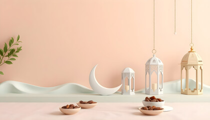 Ramadan Kareem Decorative Lanterns and Crescent Moon on Soft Pastel Background. Generative AI