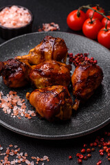 Fried chicken legs with teriyaki sauce, oven baked meat. Chicken legs