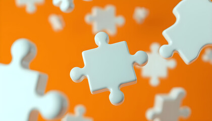 Obraz premium On an orange background in perspective 3 pieces of the puzzle fly in the air . 3D. Glossy plastic parts. It's all in different ways. The details are white. The parts have a rectangular. Generative AI