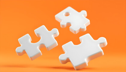 On an orange background in perspective 3 pieces of the puzzle fly in the air . 3D. Glossy plastic parts. It's all in different ways. The details are white. The parts have a rectangular. Generative AI
