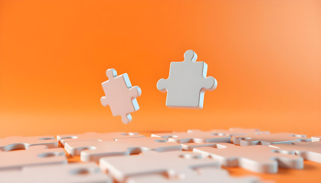 On an orange background in perspective 3 pieces of the puzzle fly in the air . 3D. Glossy plastic parts. It's all in different ways. The details are white. The parts have a rectangular. Generative AI