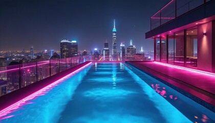 Rooftop pool with neon lights overlooks city skyline at night. Luxury hotel pool offers stunning views of illuminated skyscrapers. Modern urban leisure space for relaxation.
