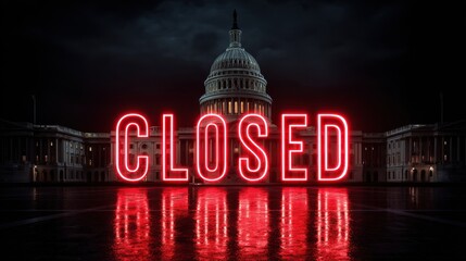 Obraz na płótnie Canvas U.s. capitol building with neon closed sign symbolizing government shutdown and political crisis
