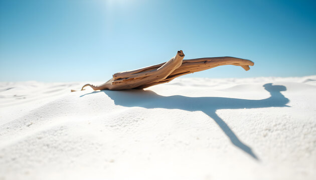 Outdoor photo of white sand low angle close up texture with depth blur, with brown drift wood on the top, bright clear blue sky. Generative AI