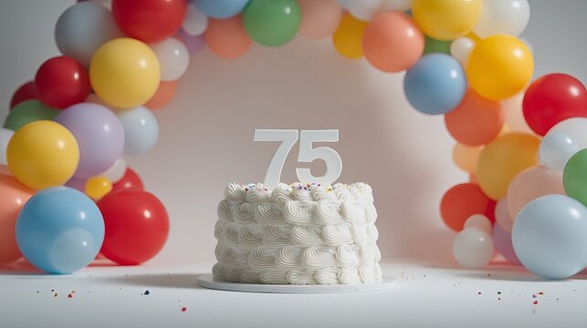 A celebratory 75th birthday cake adorned with white frosting, set against a vibrant balloon arch.