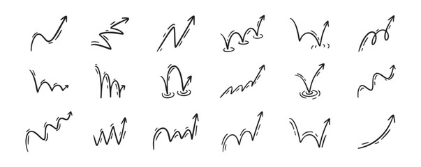 Bounce effect arrows doodle set. Manga and comic stile arrow design elements. Ball jump trajectory, ball motion expression
