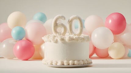 A beautifully decorated white cake with a 60th birthday celebration theme, surrounded by colorful balloons.