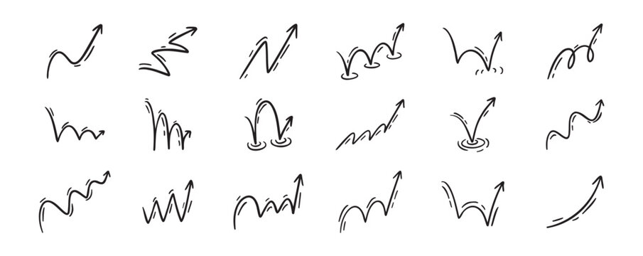 Bounce effect arrows doodle set. Manga and comic stile arrow design elements. Ball jump trajectory, ball motion expression