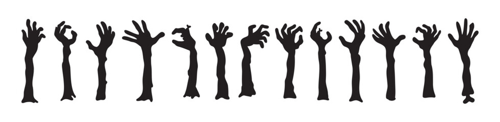 Zombie hands silhouettes. Halloween decor. Set doodle zombie hand