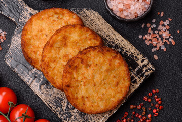 Potato hash browns, a cooked vegetable breakfast food. Potato hash brown