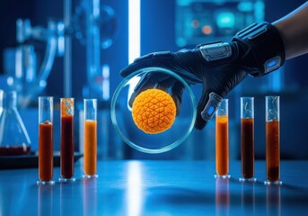 A gloved hand holds a petri dish with a glowing orange sphere, surrounded by test tubes in a futuristic laboratory setting
