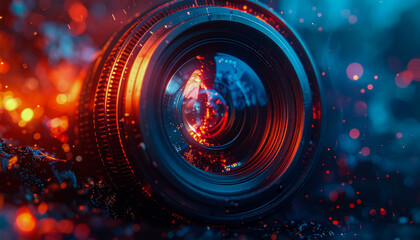 Close-Up of a Camera Lens Illuminated by Vibrant Red and Blue Bokeh in a Fiery Scene