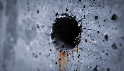 A Dark and Weathered Hole in Concrete Wall Showing Signs of Rust and Structural Decay