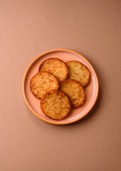 Potato hash browns, a cooked vegetable breakfast food. Potato hash brown